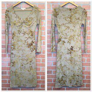 Forest Fairy Grunge Long Sleeve Velvet Floral Midi Dress Size S Ruched Sheer Y2K
